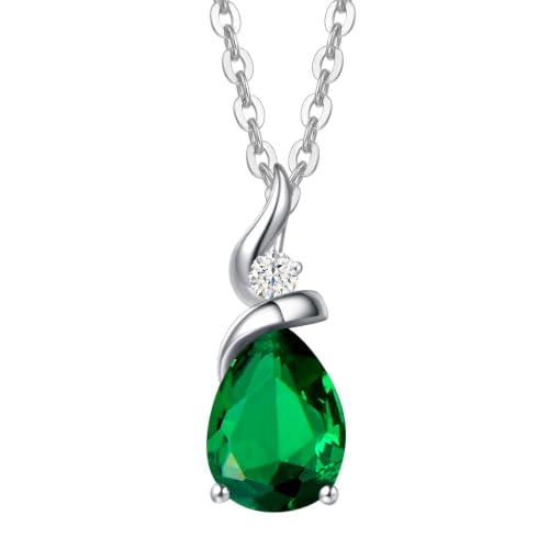 FANCIME 14K Solid White Gold Birthstone Pendant Necklace for Women with Diamond Pear Shaped Teardrop Necklace Birthday Gifts for Mom Women,Sterling Silver Chain 16" + 2" Extender - color: 05-Emerald