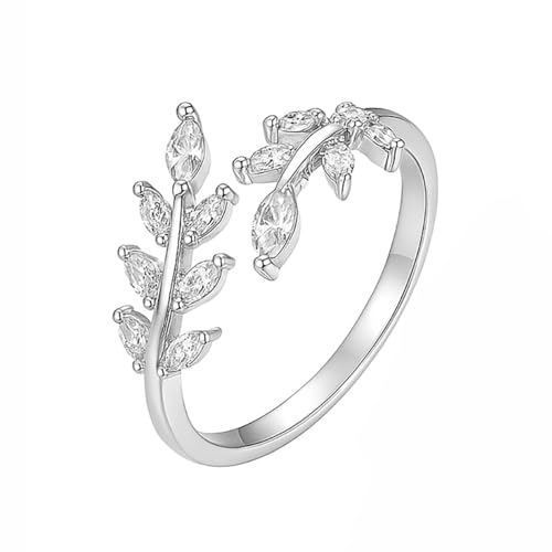 Olive Leaf Rings for Women, Spiritual Meditation Jewelry with Energy Flow Design, 18K Gold Plated Japanese Brass and Asfour Crystal Vine Ring, Symbol of Balance & Inner Harmony - color: Silver