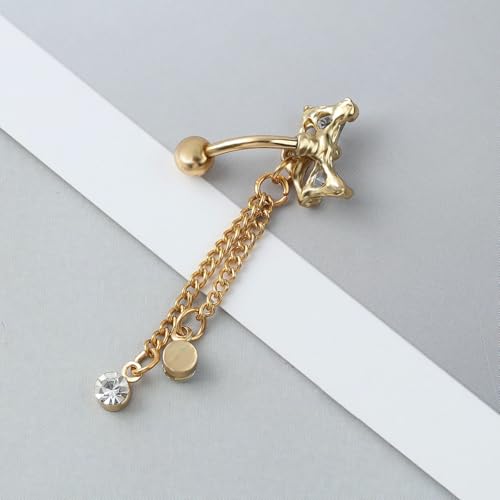 14G CZ Bowknot Reverse Belly Button Rings for Women Stainless Steel Pink Purple Crystal Bow Chains Tassel Dangle Belly Navel Rings Navel Curved Barbell Body Piercing Jewelry - color: Pink