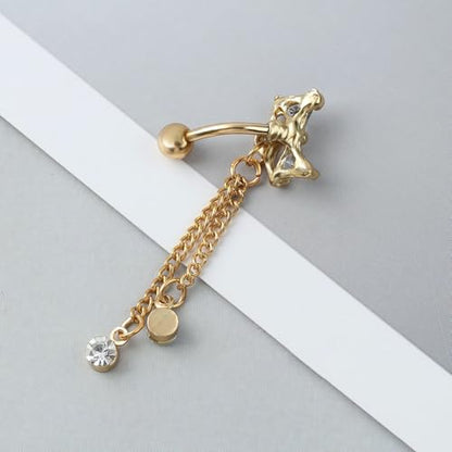 14G CZ Bowknot Reverse Belly Button Rings for Women Stainless Steel Pink Purple Crystal Bow Chains Tassel Dangle Belly Navel Rings Navel Curved Barbell Body Piercing Jewelry - color: Pink