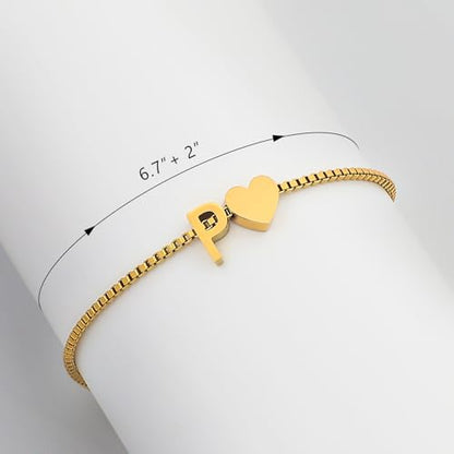 Gold Initial Bracelet for Women Dainty Personalized Name Bracelet | 14K Gold Plated, Letter A-Z Bracelet, Tiny Gold Initial Cute Heart Bracelet Jewelry Gift - color: P