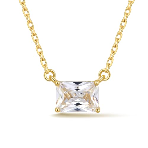 14K Gold Plated Solitaire Cubic Zirconia Necklace, Rectangle CZ Pendant Necklace for Women, Minimalist for Everyday Wear