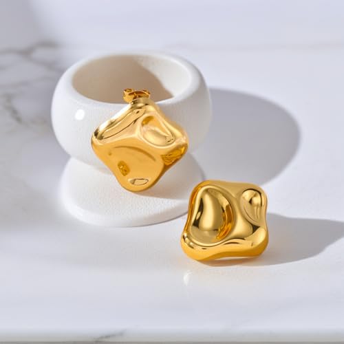 Chunky 14k Gold Plated Stud Earrings for Women Hypoallergenic Statement Earrings, Dainty Geometric Thick Studs Lightweight Earrings Fashion Jewelry Gifts