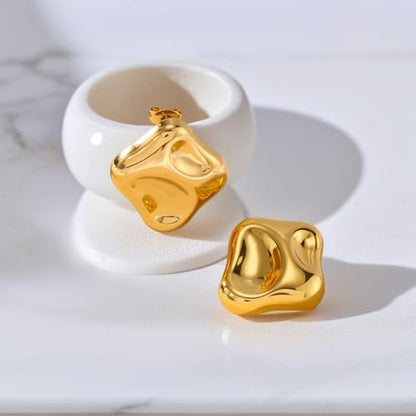 Chunky 14k Gold Plated Stud Earrings for Women Hypoallergenic Statement Earrings, Dainty Geometric Thick Studs Lightweight Earrings Fashion Jewelry Gifts