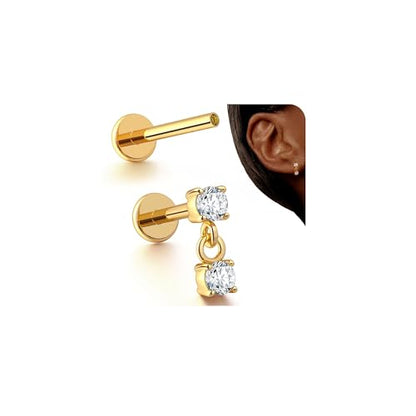 G23 Titanium 16G Tragus Conch Piercing Jewelry Flat Back Stud Earrings | Hypoallergenic CZ Nose Dangle Helix Medusa Lip Labret Body Piercing Jewelry, 14K Gold Plated, Silver, 6 and 8 mm Post Length - color: Dangle CZ-14K Gold