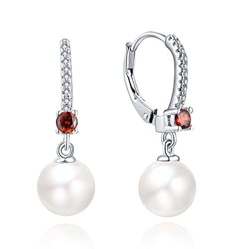 JO WISDOM 925 Sterling Silver Freshwater Pearl Hoop Earrings with Dangle Real Pearl,Simulated Pearls - color: B-8mm white pearl,garnet color