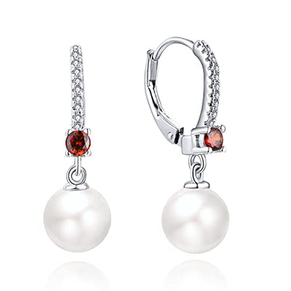 JO WISDOM 925 Sterling Silver Freshwater Pearl Hoop Earrings with Dangle Real Pearl,Simulated Pearls - color: B-8mm white pearl,garnet color