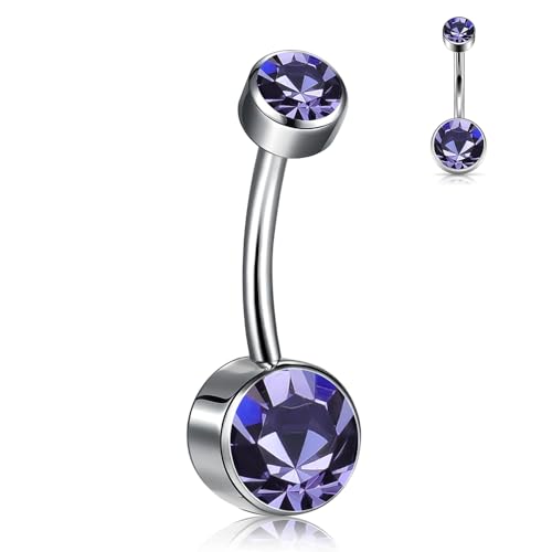 Titanium Floating Belly Button Rings 14G, ASTM F136 Implant-Grade Curved Barbell, Internal Thread with 6mm Teardrop Gems, Sparkle Navel Piercing Jewelry, 10mm/12mm Length - color: Silver-Violet, size: 1/2"(12mm)