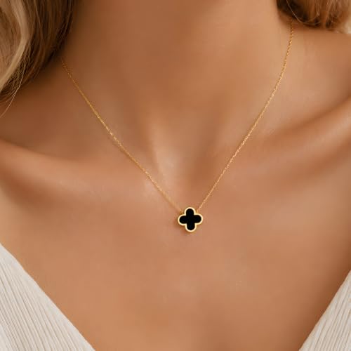 Clover Necklace Bracelet and Stud Earrings Jewelry Sets for Women | 18K Gold Plated Stainless Steel, Black/White Four Leaf Clover set,Christmas Birthday Lucky Gifts for Mom Wife Girlfriend - color: Gold Black 3PCS