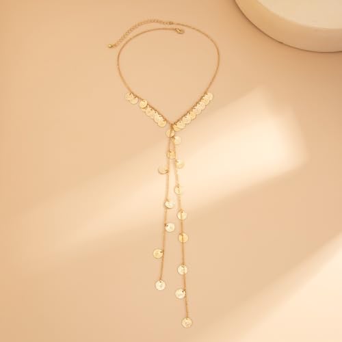 Green Beaded Lariat Necklace with Baroque Pearl Drops – Adjustable Wrap Y Style Jewelry, Beach and Bohemian Outfit Accessory for Women - color: Coin Gold