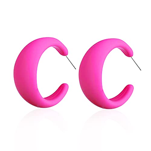 Acrylic Resin C Shape Colorful Hoop Trendy Chunky Cute Candy Earrings - Jewelry for Women - color: Rose Red