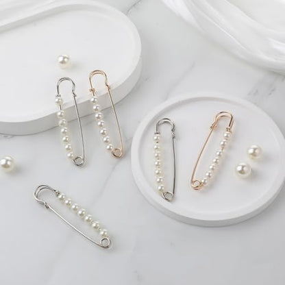 6 Pcs Faux Pearl Brooch Pins Decorative Safety Pins Pants Clips to Tighten Waist Sweater Shawl Clips Large Shawl Pins for Women Clothing Dress Pants Skirt Accessories Waist Extender Decoratine Pins