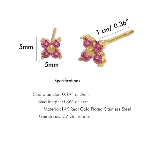 QueenBee 14K Gold Plated Ivy Flower Birthstone Stud Earrings for Women Dainty Floral Gemstone Studs Unique Jewelry Gift for Her - color: Jul-Ruby