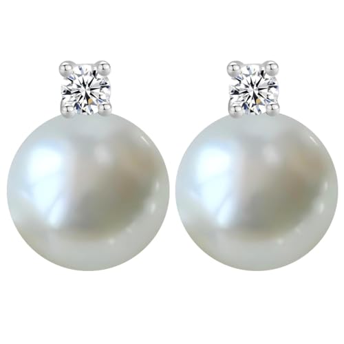Faux Pearl Cubic Zirconia Stud Earrings, Hypoallergenic Lightweight Round Pearl Studs for Women - color: White, size: Pearl 10mm-CZ 3mm