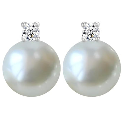 Faux Pearl Cubic Zirconia Stud Earrings, Hypoallergenic Lightweight Round Pearl Studs for Women - color: White, size: Pearl 10mm-CZ 3mm