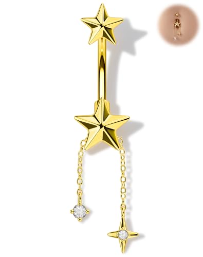 Melighting 14G Gold Belly Button Ring Dangle Chain, 10 mm Stainless Steel Belly Piercing Jewelry with CZ Heart Star Design, Cute Silver Navel Ring for Beach Daily Wear Women - color: Gold Star