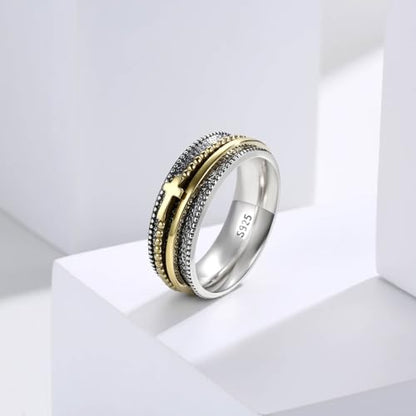 Sariel Cross Fidget Ring for Women - 925 Sterling Silver Spinner Rings Spinning Band Rings Wide Hammered - color: Gold-