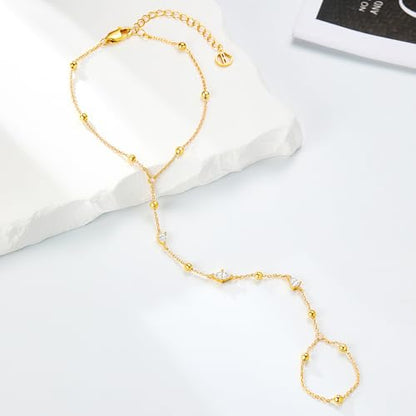 Cicy Bell Hand Chain Bracelets for Women 18K Gold Plated | Layered Stackable Dainty Ring Bracelets, Adjustable Satellite Bead Dot Link Finger Bracelets - color: Style E-Gold