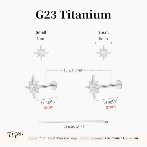 Flat Back Stud Cartilage Earrings Tragus Helix Piercing Jewelry Titanium | Conch Nose Piercing,Small Tiny Studs for Women,Threadless/Internally Threaded,Surgical Steel,Hypoallergenic,16G/18G/20G - color: Silver02-Starburst (6mm*1+8mm*1), size: Internally