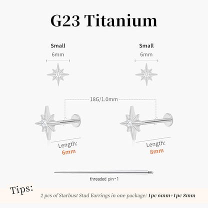 Flat Back Stud Cartilage Earrings Tragus Helix Piercing Jewelry Titanium | Conch Nose Piercing,Small Tiny Studs for Women,Threadless/Internally Threaded,Surgical Steel,Hypoallergenic,16G/18G/20G - color: Silver02-Starburst (6mm*1+8mm*1), size: Internally
