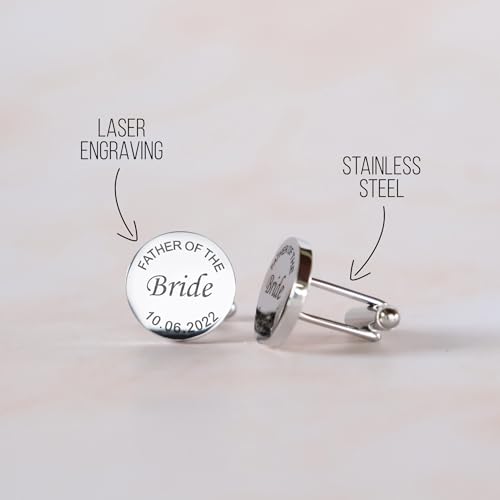 Custom engraved cufflinks for men, personalized wedding gift for groom, father of the bride & groom dad, best men, customized gold & silver cufflinks with dates, quotes or couples initials from bride - style: "Father of" & date