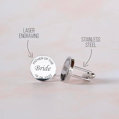 Custom engraved cufflinks for men, personalized wedding gift for groom, father of the bride & groom dad, best men, customized gold & silver cufflinks with dates, quotes or couples initials from bride - style: "Father of" & date