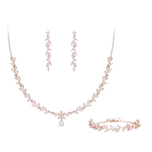 BriLove Wedding Jewelry Set Cubic Zirconia for Women Bride Bridesmaid | Gorgeous Marquise Teardrop Leaf Cluster Y-Necklace Dangle Earrings Link Bracelet Set for Bridal Prom Accessories - color: Clear Rose-Gold-Plated-Brass