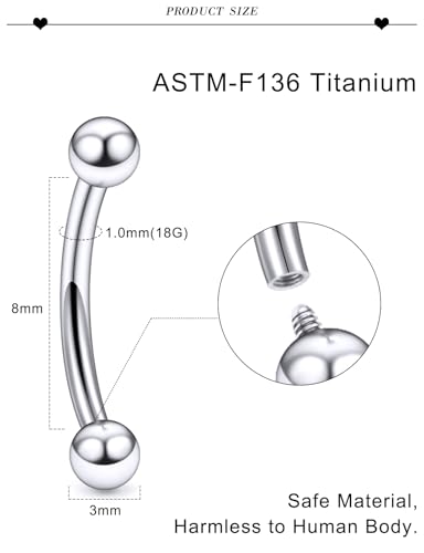 20G 18G 16G 14G 12G 8G 6G 4G 2G Astm F136 Titanium Internal Thread Eyebrow Piercing Jewelry Curved Barbell Vertical Labret Lip Daith Rook Earrings Navel Belly Button Ring Piercing Jewelry - style: 18G, 8MM Length, Ball