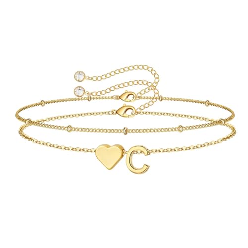 M MOOHAM Initial Bracelets for Women Teen Girls - Heart Letter A-Z Bracelet | Dainty 14K Gold Plated Jewelry, Heart Initial Bracelet, Bracelets for Women Girls Trendy, Birthday Gifts for Women Girls Her - color: Gold - C