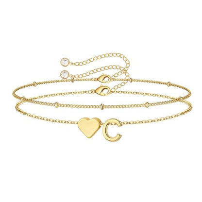 M MOOHAM Initial Bracelets for Women Teen Girls - Heart Letter A-Z Bracelet | Dainty 14K Gold Plated Jewelry, Heart Initial Bracelet, Bracelets for Women Girls Trendy, Birthday Gifts for Women Girls Her - color: Gold - C