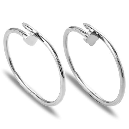 Gold Bangle Bracelets for Women -2PCS Friendship & Love Bangle Bracelet Clover Nail Bracelet Stack Set Trendy Non-Tarnish Stainless Steel Jewelry Gifts for Mom Wife Her - color: Silver-F
