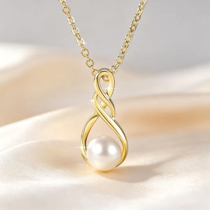 Freshwater Pearl Necklace for Women | 14K Gold Plated Infinity Pendant Fine Jewelry | Dainty Everyday Layering Chain with Lobster Clasp - color: Gold Dainty