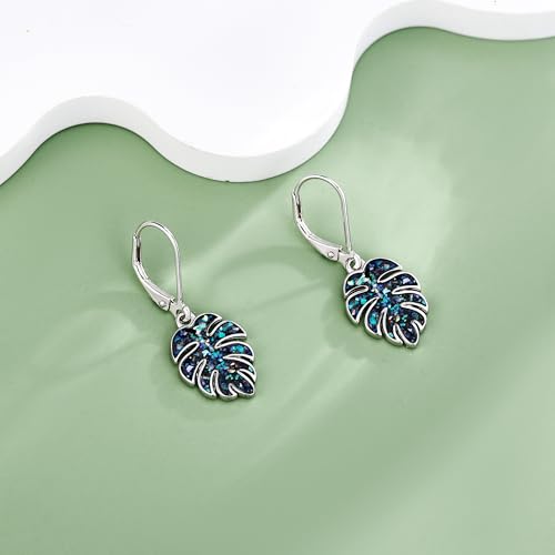 Monstera Earrings S925 Sterling Silver Leverback Palm Leaves Earrings Plant Dangle Drop Earring for Women Tropical Monstera Jewelry Gifts