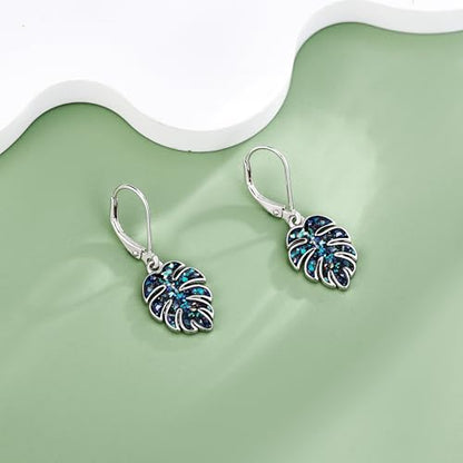 Monstera Earrings S925 Sterling Silver Leverback Palm Leaves Earrings Plant Dangle Drop Earring for Women Tropical Monstera Jewelry Gifts