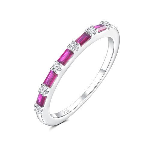 1.5mm Thin Eternity Rings for Women Sterling Silver Stackable Rings | Dainty Stacking Birthstone Ring, Sapphire/Emerald/Ruby/Cz Baguette Wedding Bands, for Anniversary Jewelry Size 6-10(with Box) - color: 07-Ruby