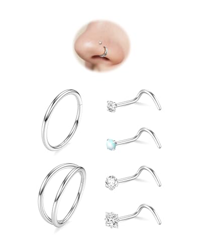 davka Nose Ring Set, 18G Hinged Hoop 8mm & 20G Nose Studs, Stainless Steel & Gold Plated, Hypoallergenic, Multiple Styles Nose Piercing Jewelry - color: Silver/Double hoops/18g 8mm hoops/Corkscrew studs