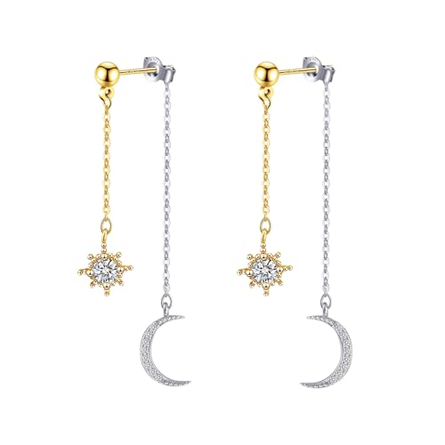 Moon and Star Dangle Earrings | Chain Tassel with Cubic Zirconia Drop Front and Back Earrings Celestial Jewelry for Wedding Gift - color: Gold and Silver
