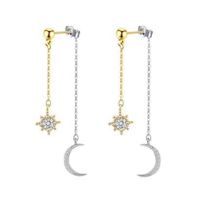 Moon and Star Dangle Earrings | Chain Tassel with Cubic Zirconia Drop Front and Back Earrings Celestial Jewelry for Wedding Gift - color: Gold and Silver