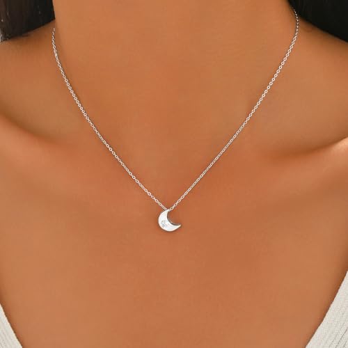 925 Sterling Silver Dainty Moon Star Necklace For Womem | 14k Gold Plated Charm Crescent Moon and Star Pendant Choker Necklaces to Daughter Mother Jewelry Gift for Birthday Wedding - color: CZ Moon-Silver