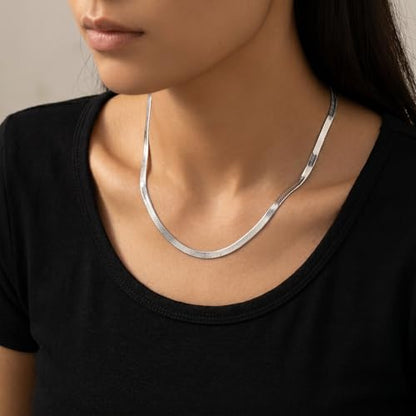 14K Gold/Silver Plated Stainless Steel Herringbone Necklace for Women, Dainty Snake Chain Choker, Trendy Simple Long Layered Jewelry, Non Tarnish 4mm Flexible Flat Necklace, Made in Italy - color: S-20