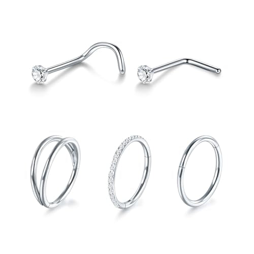 Xpircn 5pcs Hoop Nose Rings and L Shaped Nose Rings Stud Set 18G/20G Stainless Steel CZ Helix Conch Daith Tragus Cartilage Hoop Earrings for Women 6mm 7mm 8mm 10mm - color: Silver, size: 20G, 8mm hoop & 7mm studs