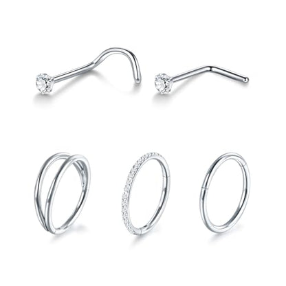 Xpircn 5pcs Hoop Nose Rings and L Shaped Nose Rings Stud Set 18G/20G Stainless Steel CZ Helix Conch Daith Tragus Cartilage Hoop Earrings for Women 6mm 7mm 8mm 10mm - color: Silver, size: 20G, 8mm hoop & 7mm studs