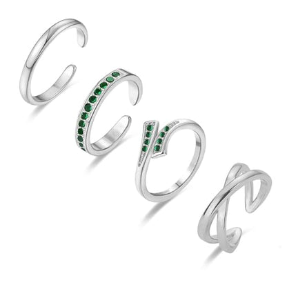 LOFITOR 4PCS Gold Toe Rings for Women Non Tarnish Waterproof Toe Ring Set | 14K Gold Filled Dainty Stackable Cute Thin Adjustable Open Band Toe Ring Cz Foot Jewelry For Beach Summer Hawaiian - style: Elegant Green Silver