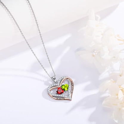 Heart Birthstone Necklace for Women 14K Rose Gold/White Gold Filled Overlapping Double Hearts Pendant Anniversary Valentine's Day Birthday Mother's Day Christmas Gifts for Wife Mom Daughter Her - color: 01-08-Jan-Aug Birthstone-A, style: Double-Layered Lo