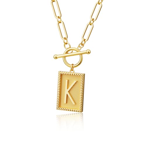 Tewiky Gold Initial Necklaces for Women, Square Letter Pendant Necklace | Toggle Clasp，Trendy 14K Gold Plated Dainty Paperclip Chain Necklaces for Women，Jewelry Gifts - style: Gold K