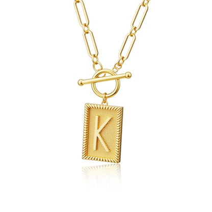 Tewiky Gold Initial Necklaces for Women, Square Letter Pendant Necklace | Toggle Clasp，Trendy 14K Gold Plated Dainty Paperclip Chain Necklaces for Women，Jewelry Gifts - style: Gold K