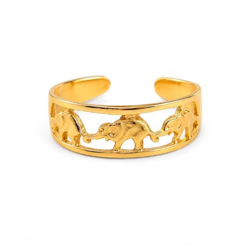 Gold Plated Toe Ring for Women, Adjustable Open Band, Handmade | Fits Toe, Knuckle or Pinky Ring | One Size Fits Most | Comfortable to Wear | Minimalist Style | Water Resistant - color: Elephant Band