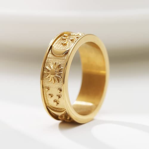 HZMAN 8mm Moon Star Sun Statement Ring Stainless Steel Boho Jewelry for Women Men - color: Gold