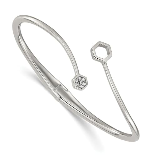 Diamond2Deal Chisel Stainless Steel Polished with Crystals Hinged Cuff Bangle Bracelet 6.75" Bangle Bracelet