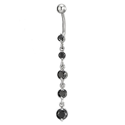 COOLSTEELANDBEYOND Belly Chain Belly Button Ring Body Jewelry Piercing Navel Ring with Long Dangle Cubic Zirconia - color: C-Metal Color:Silver; Stone Color:Black
